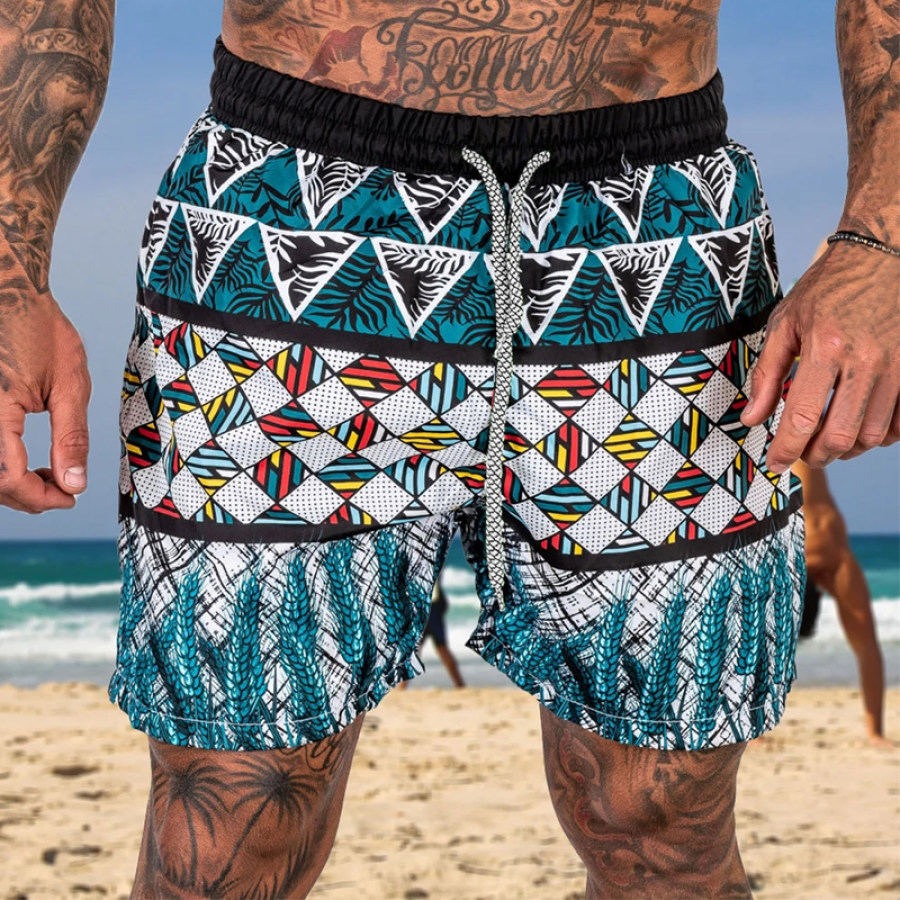 

Men's Casual Straight Wheat Print Micro Stretch Swim Shorts Beach Shorts