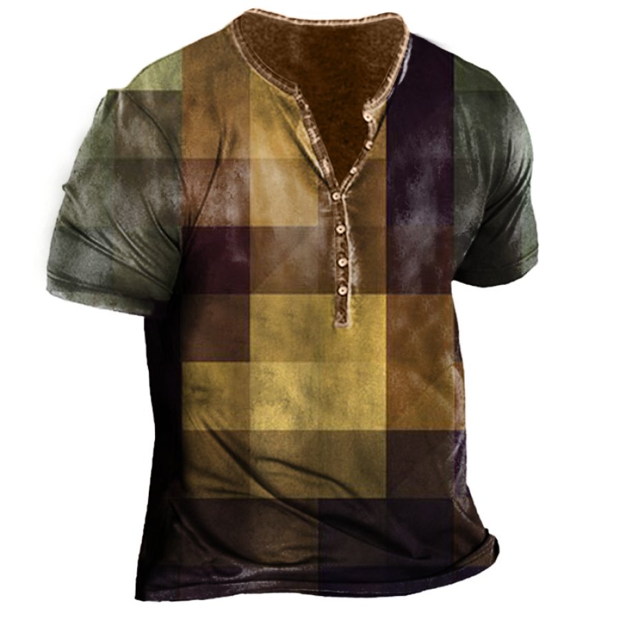 

Men's Plaid Gradient Vintage Henry Neck T-shirt