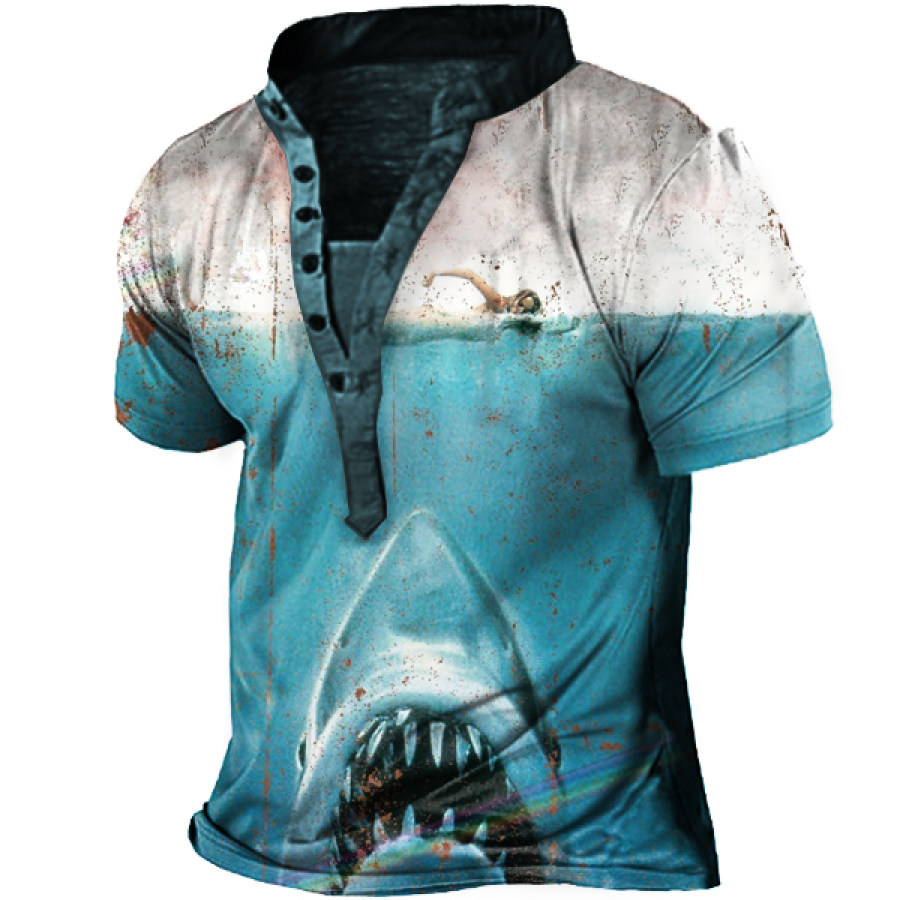 

Jaws Film Print Men Henley Short Sleeve T-Shirt