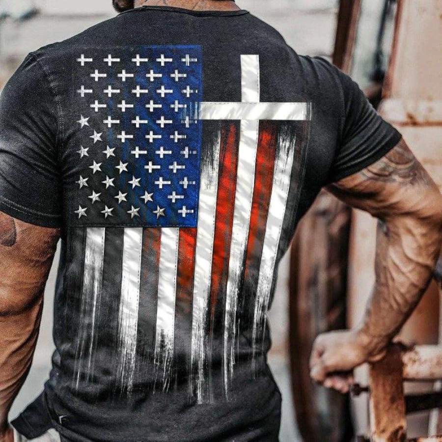 

Jesus Cross American Flag Print Men's Vintage Short Sleeve T-Shirt