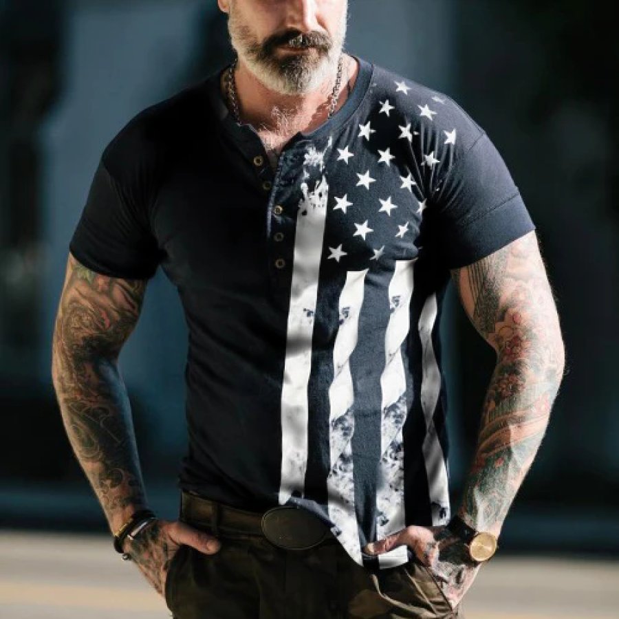 

American Flag Print Men's Henley Short Sleeve T-Shirt