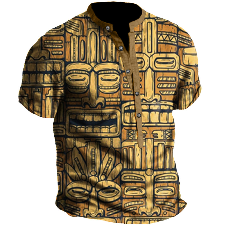 

Hawaii Tiki Old Tribal Totem Men's Seaside Resort Henley Collar Shirt