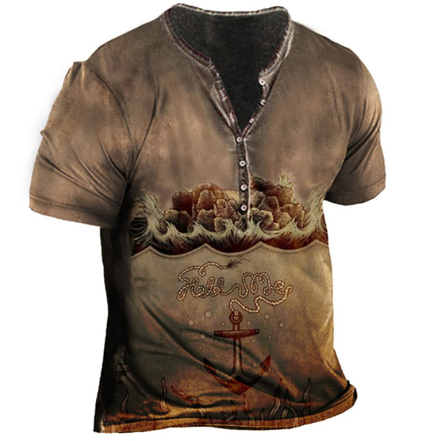 

Men's Vintage Anchor Print Henley Collar T-Shirt