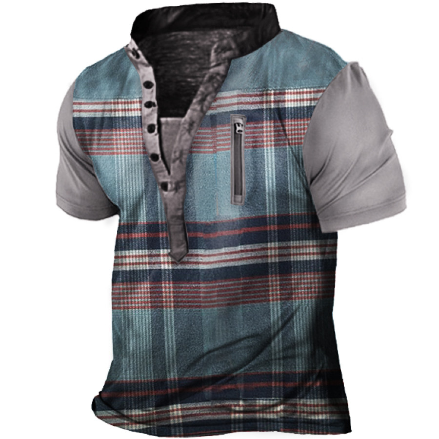 

Vintage Check Print Men's Outdoor Zip Pocket Henley Collar Short Sleeve T-Shirt