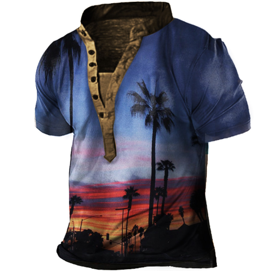 

Hawaiian Coconut Print Men's Outdoor Henley Short Sleeve T-Shirt