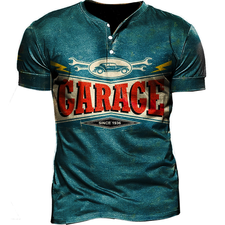 

Camiseta Masculina Henley Manga Curta Com Estampa Vintage Logotipo Da Garagem