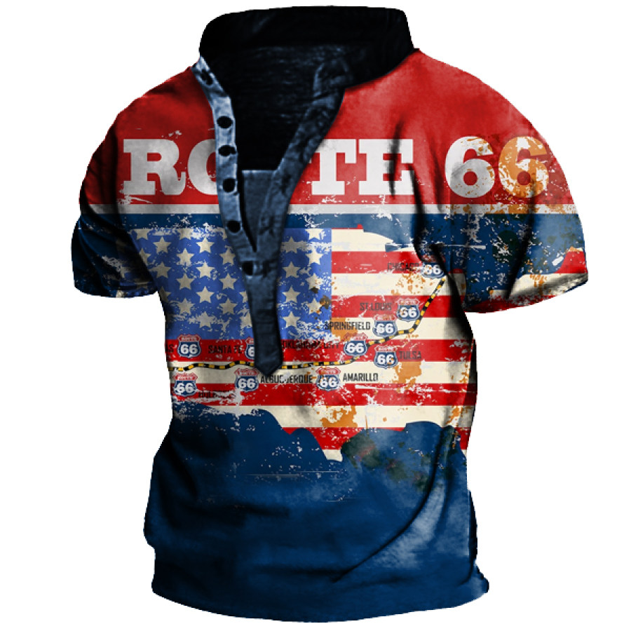 

Men's Vintage Route 66 Print Henley Collar T-Shirt