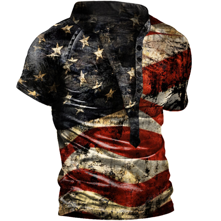 

Men's Vintage American Flag Print Henley Collar T-Shirt