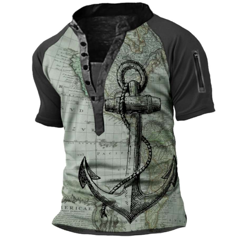 

Men's Vintage World Map Anchor Print Henley Collar Zip Pocket Tee