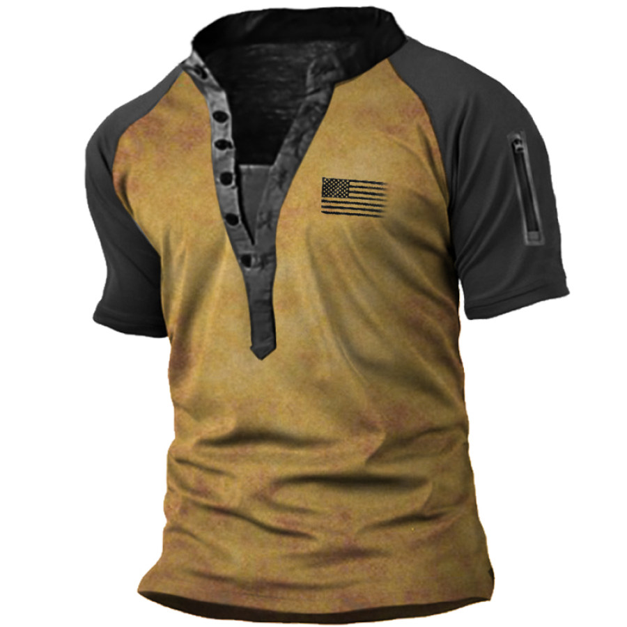 

Men's Vintage Print Colorblock Henley Collar Zip Pocket T-Shirt