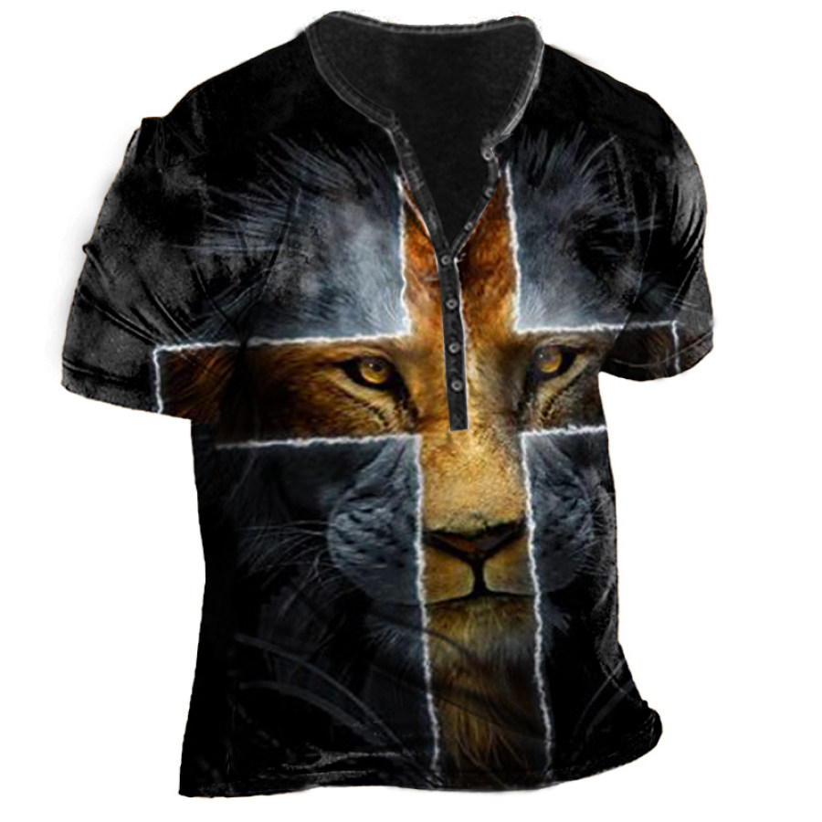 

Lion Cross Faith Men's Henley Collar Print T-Shirt