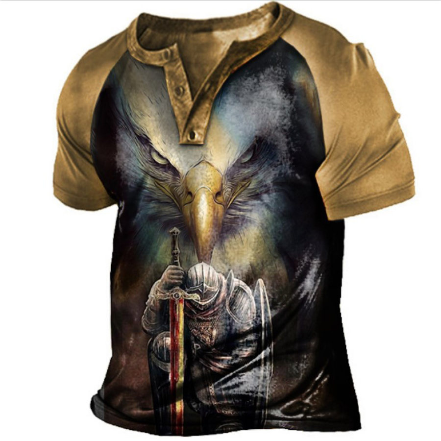 

Men's Vintage Templar Eagle Print Henley T-Shirt