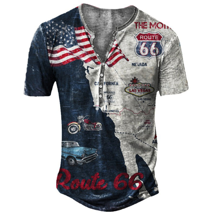 

Men's Route 66 American Flag Henley Collar T-Shirt