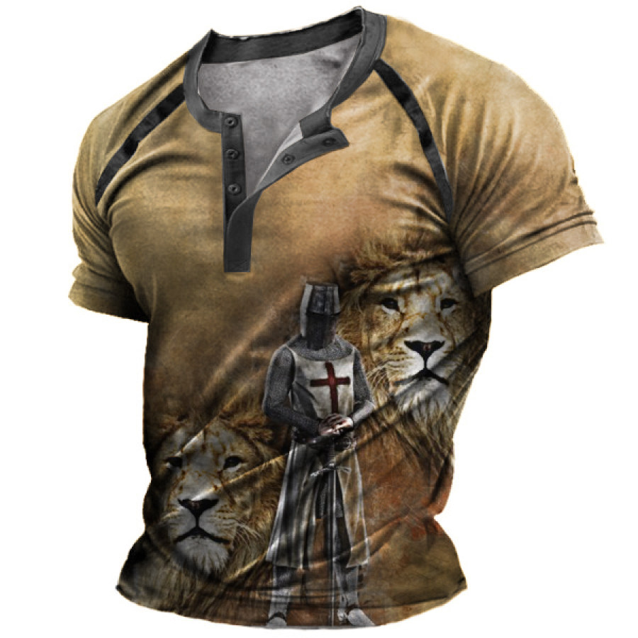 

Templar Lion Print Men's Outdoor Henry Tactical Short Sleeve T-Shirt