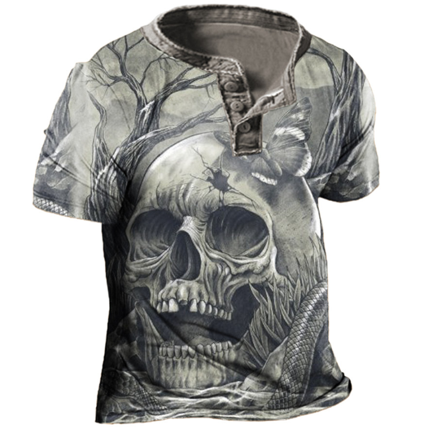 

Men's Skull Henley Short Sleeve T-Shirt