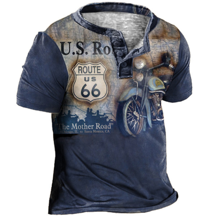 

Route 66 Motorcycle Vintage Print Men's Outdoor Henley Collar T-Shirt