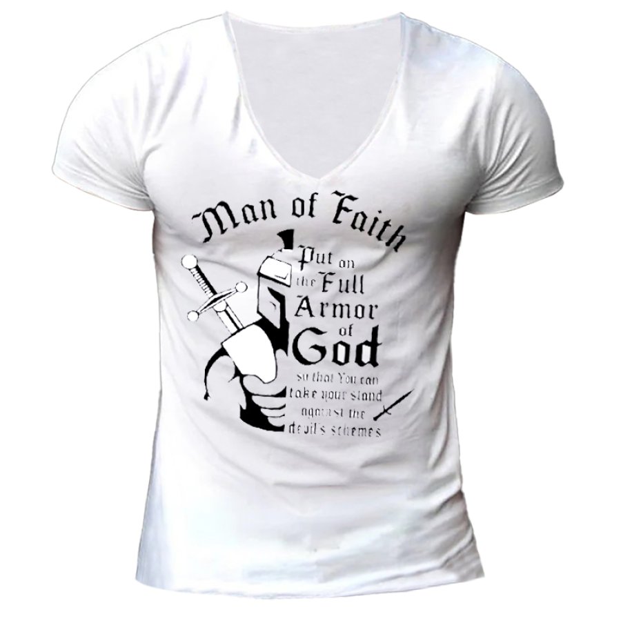 

Armor Of God Man Of Faith Sword Of The Spirit Men's V Neck Cotton T-Shirt