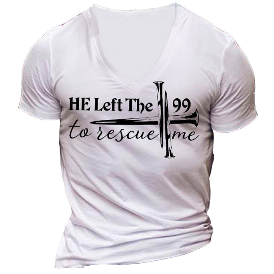 He Left The 99 To Rescue Me Men's V Neck Faith Cotton T-Shirt