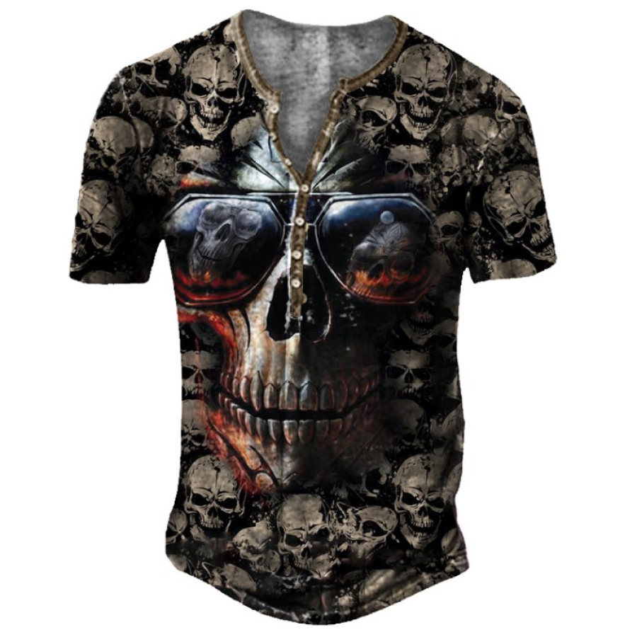 

Men's Vintage Skull Print Henley Collar T-Shirt