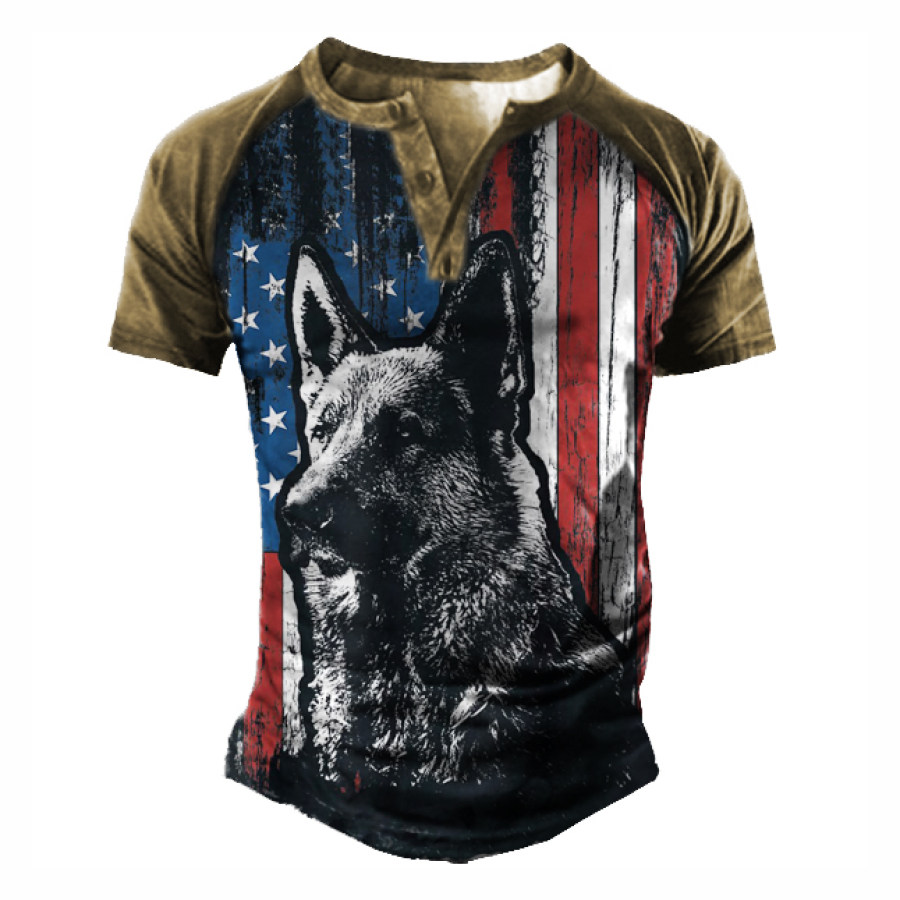 

Men's Flag Dog Henley Short Sleeve T-Shirt