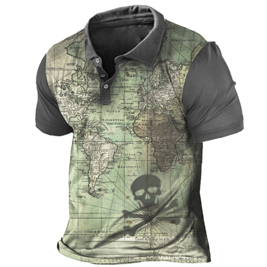 

Vintage Nautical Map Pirate Skull Men's Outdoor Polo T Shirt