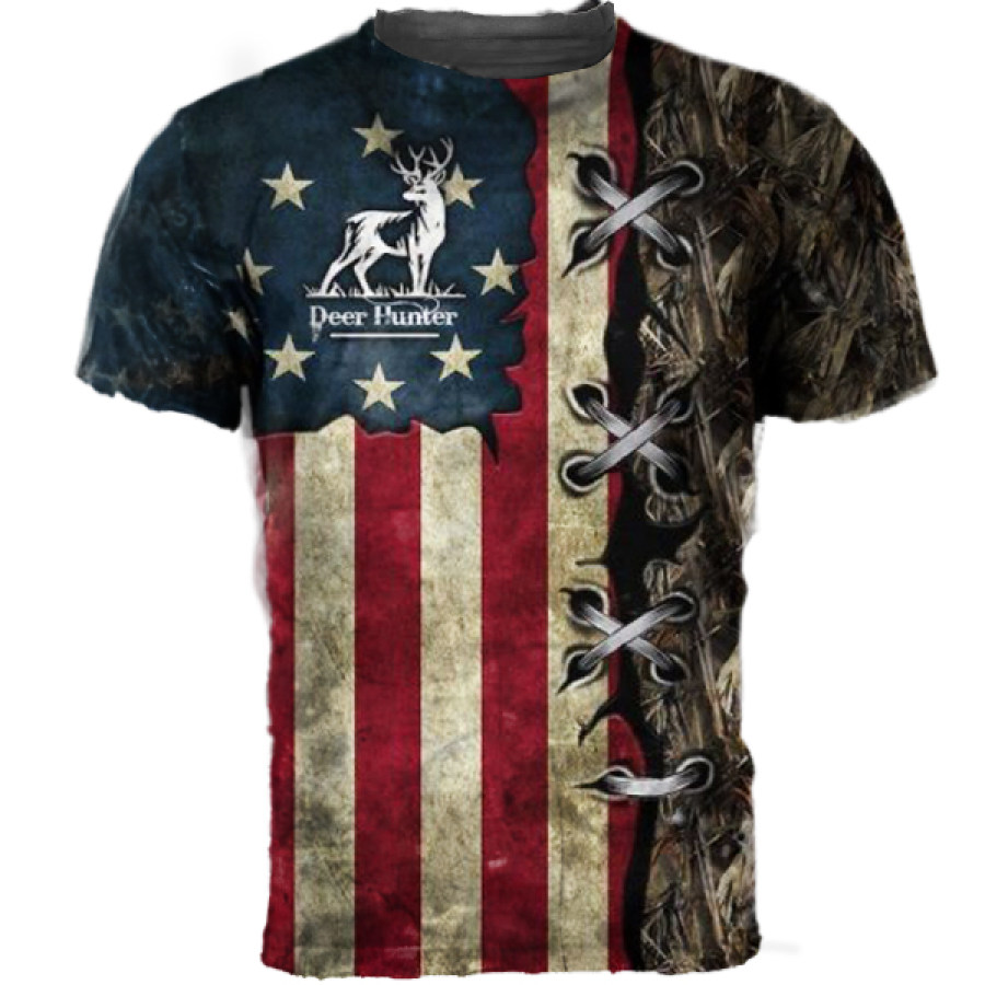 

Deer Hunter American Flag Men's Vintage Print Short Sleeve T-Shirt