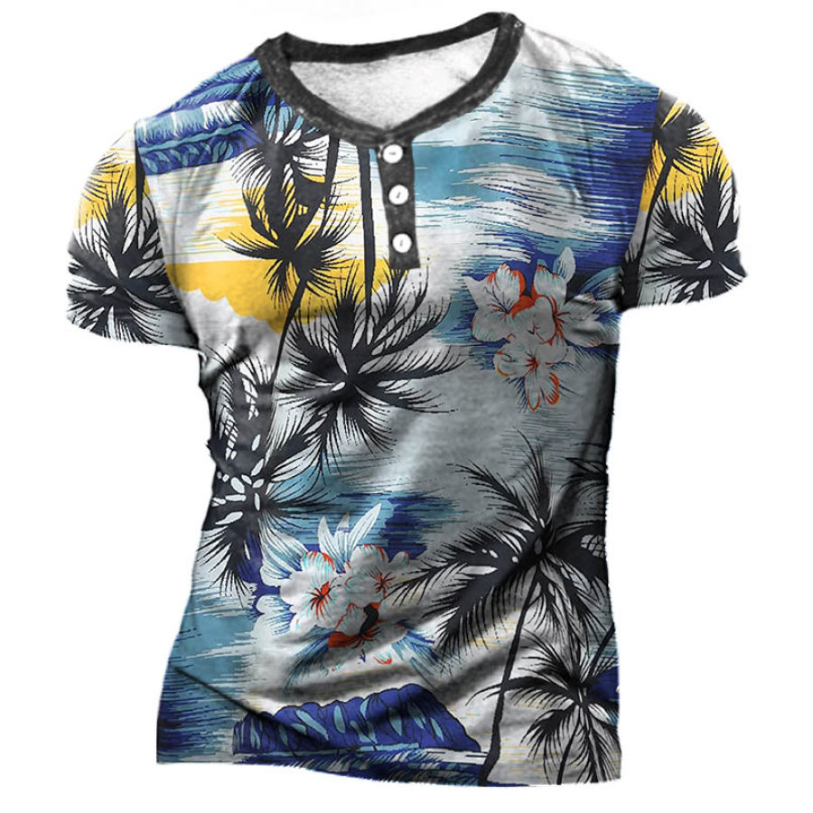 

Men's Hawaiian Coconut Tree Tropical Flower Henley T-Shirt