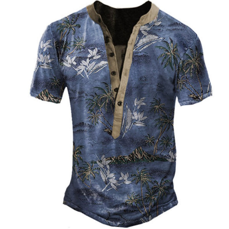 

Men's Hawaiian Coconut Tree Floral Henley T-Shirt