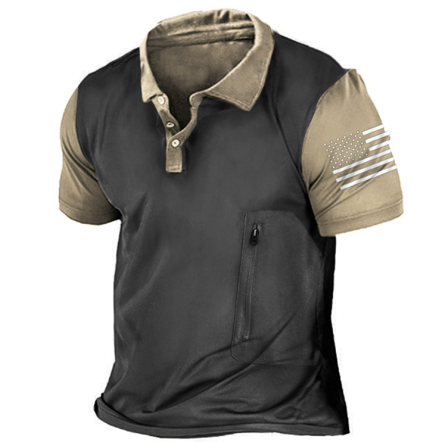 

American Flag Men's Outdoor Zipper Pocket Tactical Polo Short Sleeve T-Shirt