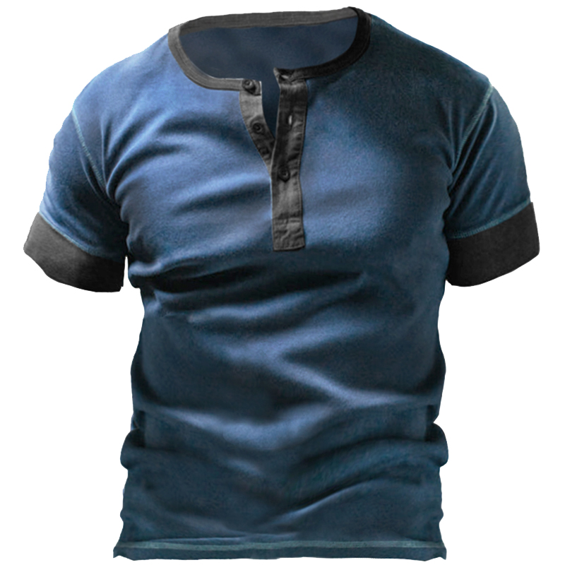Men's Vintage Contrast Henley Collar Chic Casual Short Sleeve T-shirt