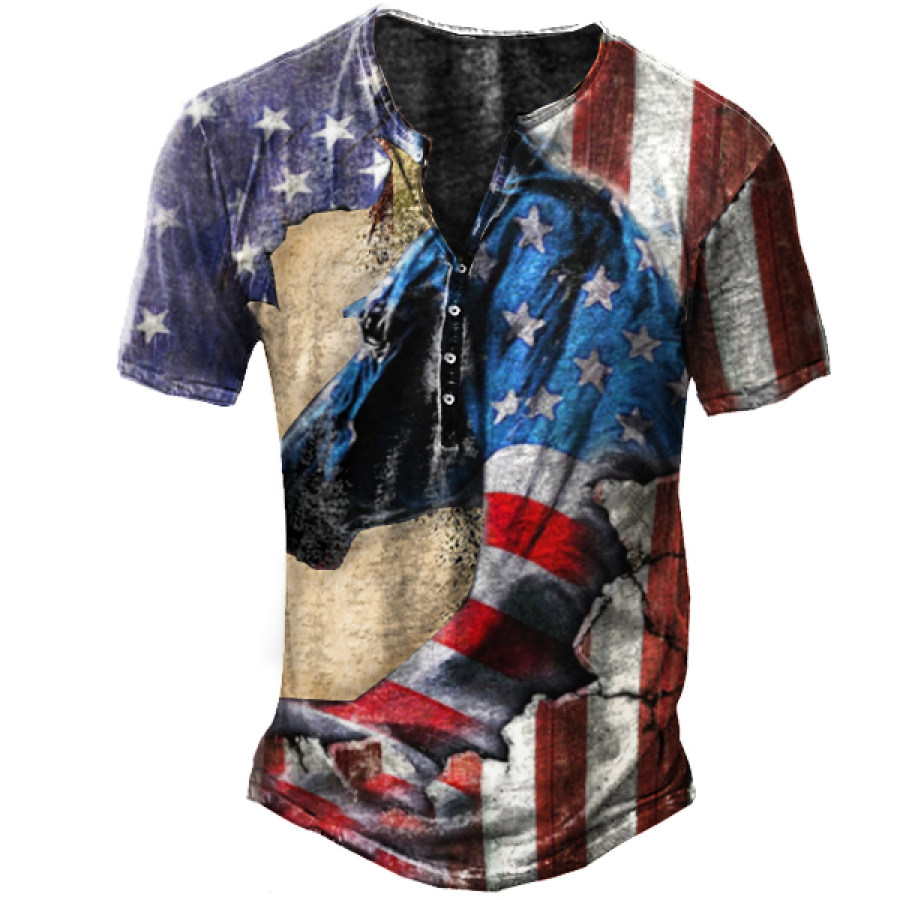 

Men's Vintage American Flag Warhorse Print Men's Henley T-Shirt