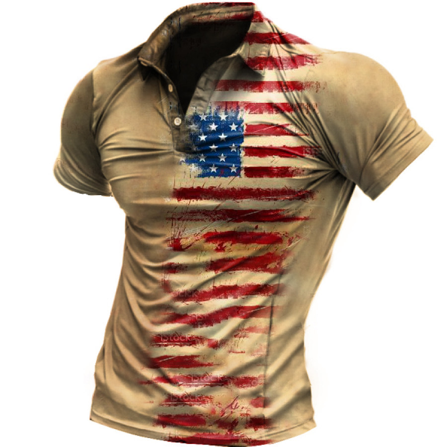 

Men's Vintage American Flag Print Polo Neck T-Shirt