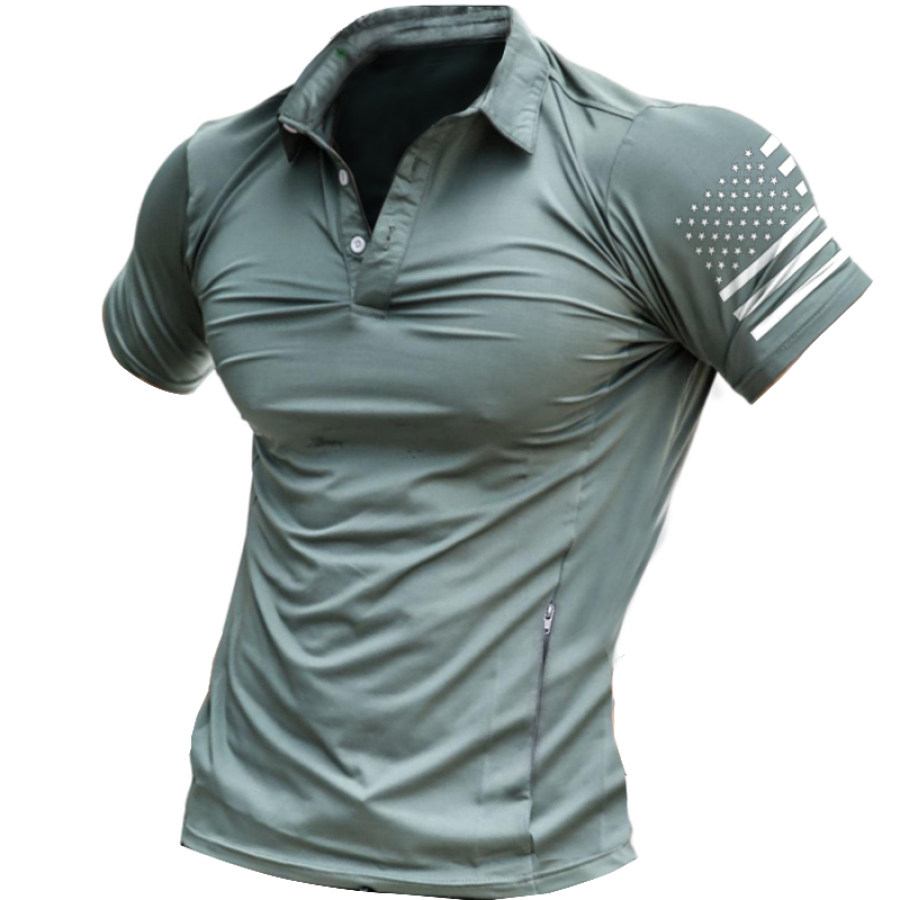 

American Flag Men's Outdoor Zipper Pocket Tactical Polo Short Sleeve T-Shirt