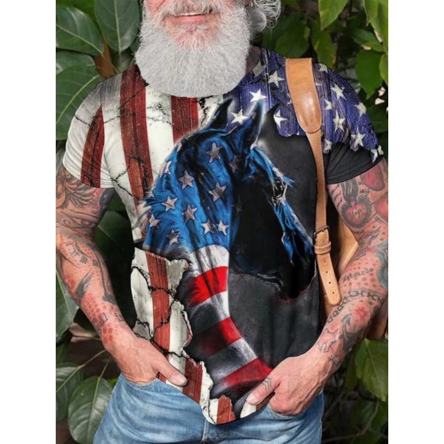 

American Flag Horse Print Men's Casual Short Sleeve T-Shirt