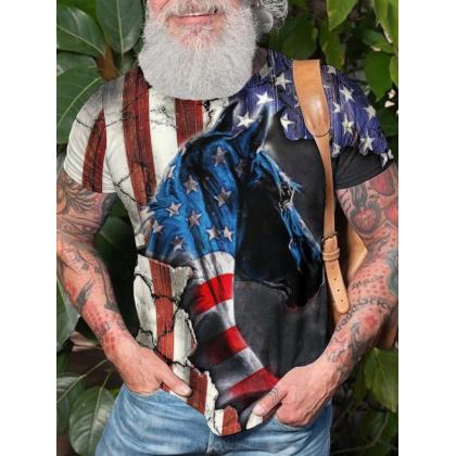 American Flag Horse Print Men's Casual Short Sleeve T-Shirt
