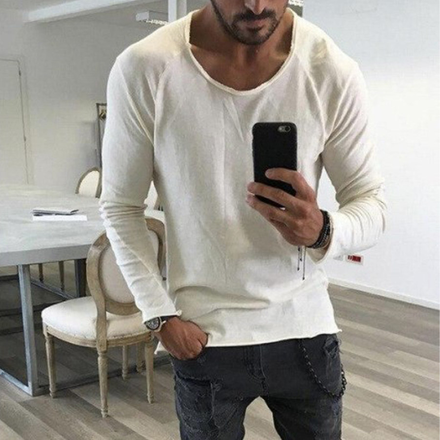 

Men's Vintage Raw Edge Solid Color Long Sleeve T-Shirt