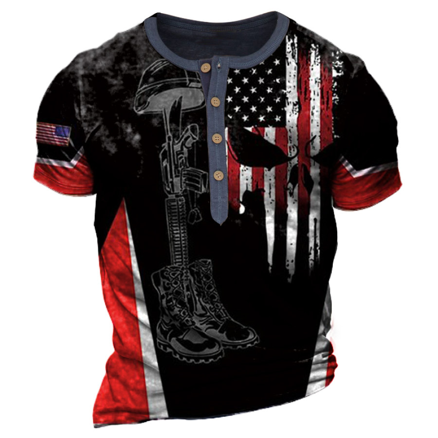 

Men's Flag Skull Vintage Henley Collar Print T-Shirt