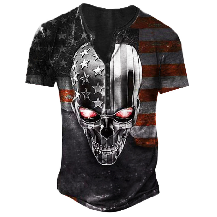 

Men's Flag Skull Vintage Henley Collar Print T-Shirt
