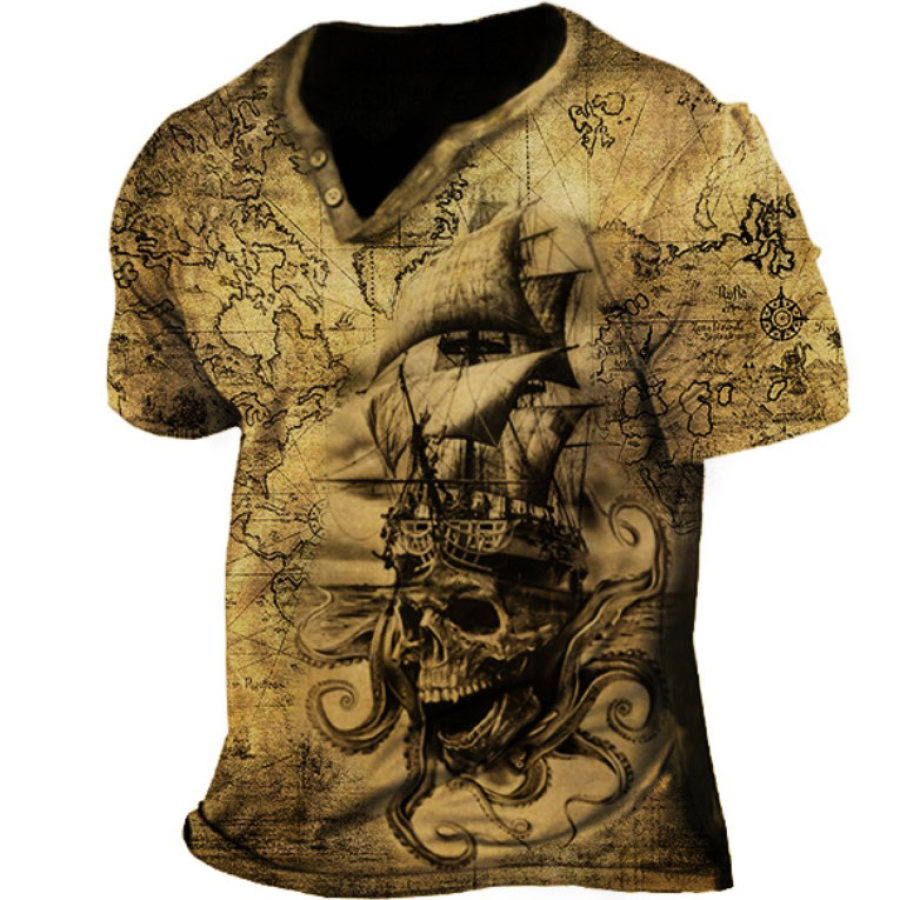 

Men's Vintage Pirate Ship Skull World Map Print T-Shirt