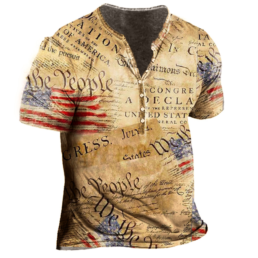 

Men's Vintage Independence Day Flag Print Henley Collar T-Shirt