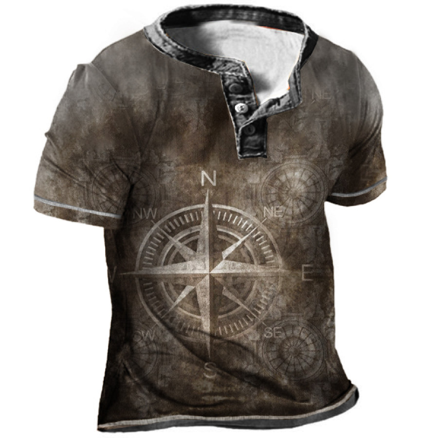 

Men's Vintage World Map Compass Print Henley T-Shirt