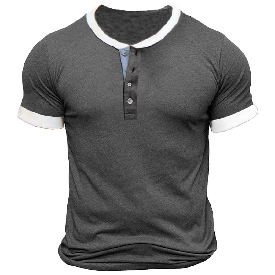 Men's Patchwork Casual Henley Collar T-Shirt