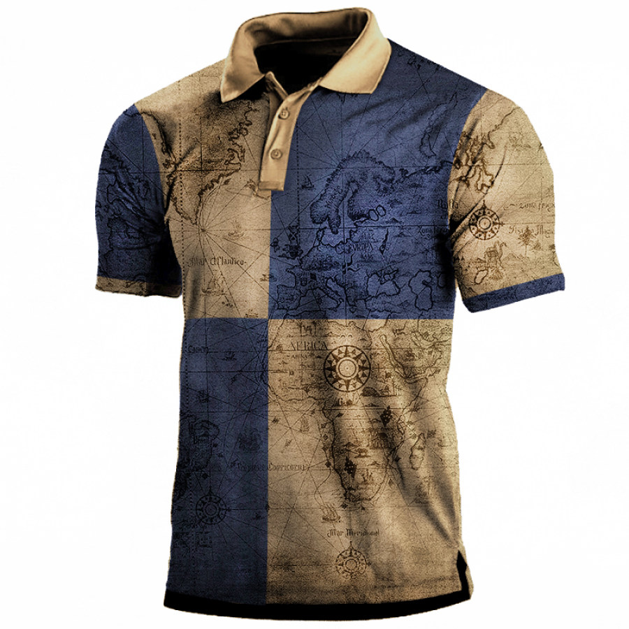 

Men's Vintage World Map Contrast Polo T-Shirt