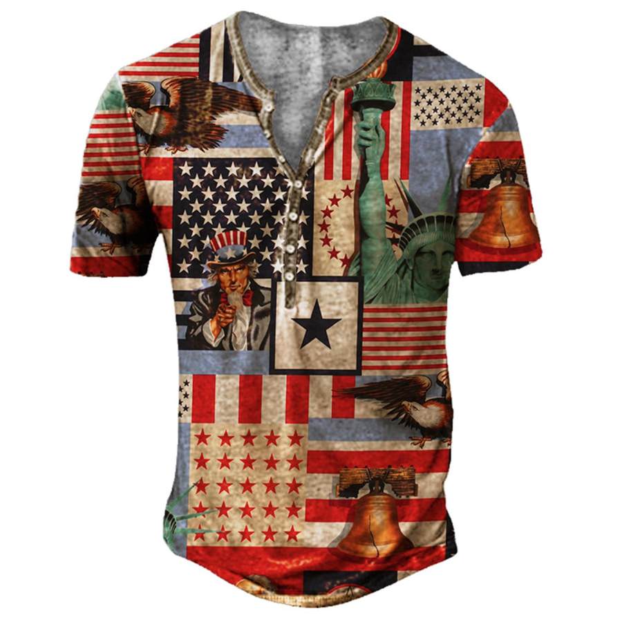 

Men's American Flags Eagles Liberty Bell Henley Collar T-Shirt