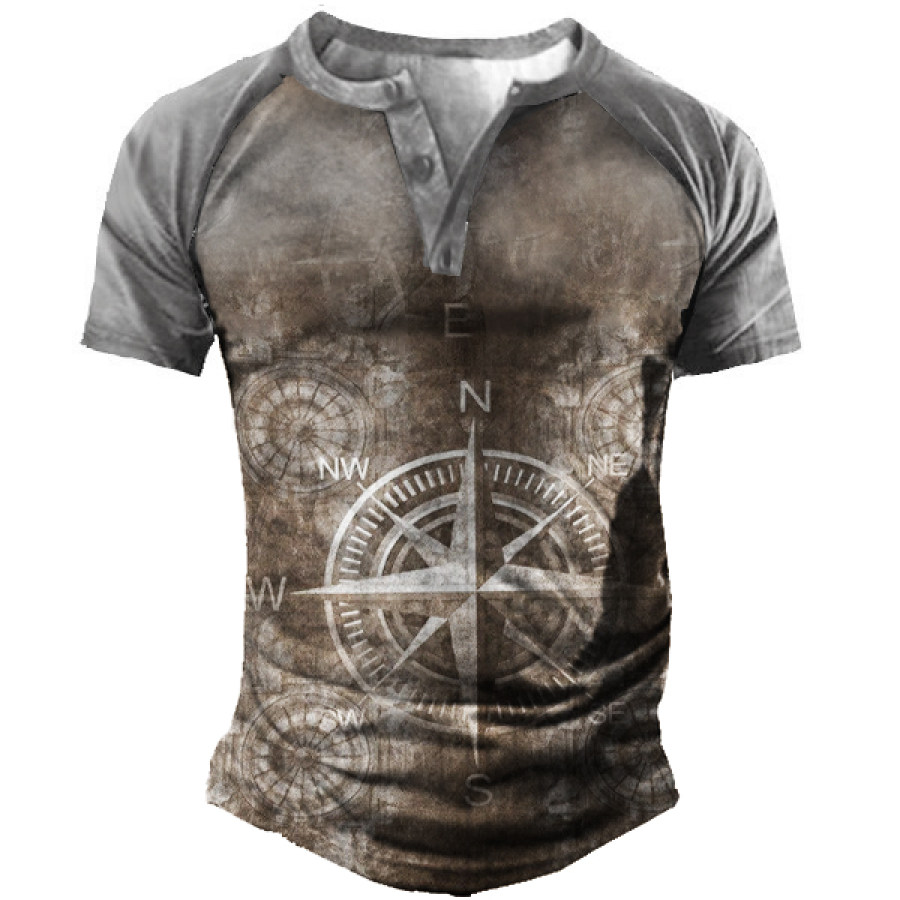 

Men's Vintage World Map Compass Print Henley T-Shirt