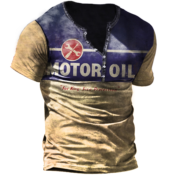 Rare Original Vintage Motor Chic Oil Print Men Henley T-shirt