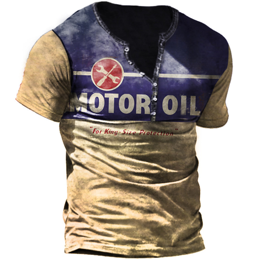 

Rare Original Vintage Motor Oil Print Men Henley T-Shirt