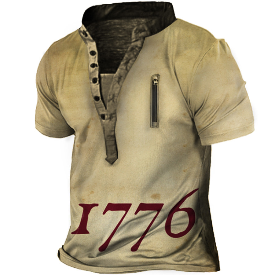 

1776 Vintage Print Men's Henley Zip Pocket Tactical Short Sleeve T-Shirt