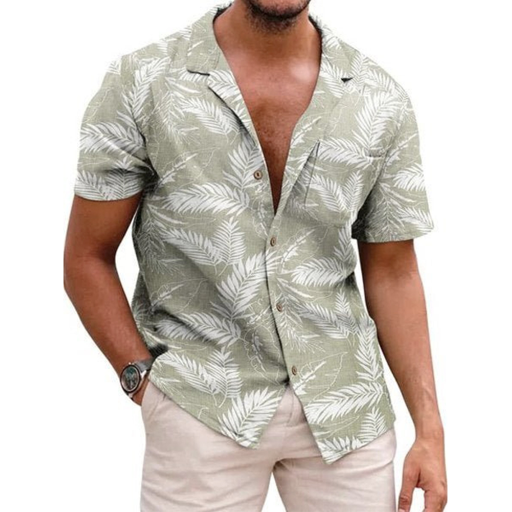 Men's Hawaiian Aloha Plain Chic Cotton Linen Palm Leaf Loose Short Sleeve Shirt