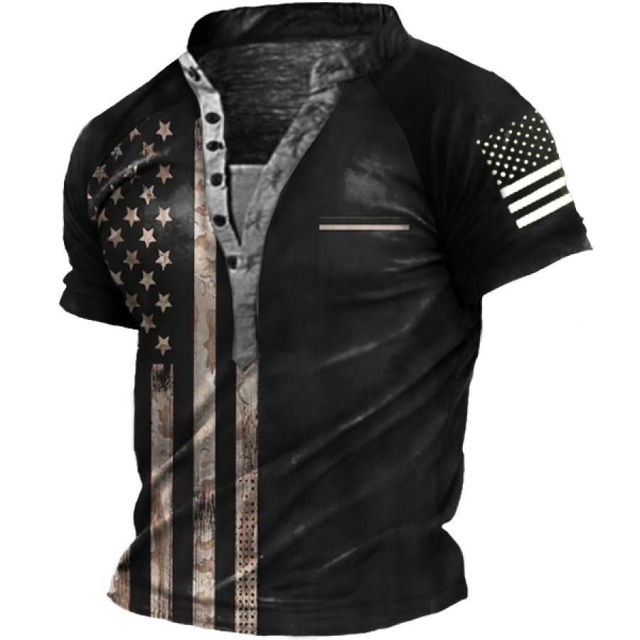 

Men's American Flag Print Henley Collar T-Shirt